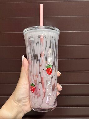 Pink Strawberry Acrylic Tumbler with Straw - Home Party Supplies